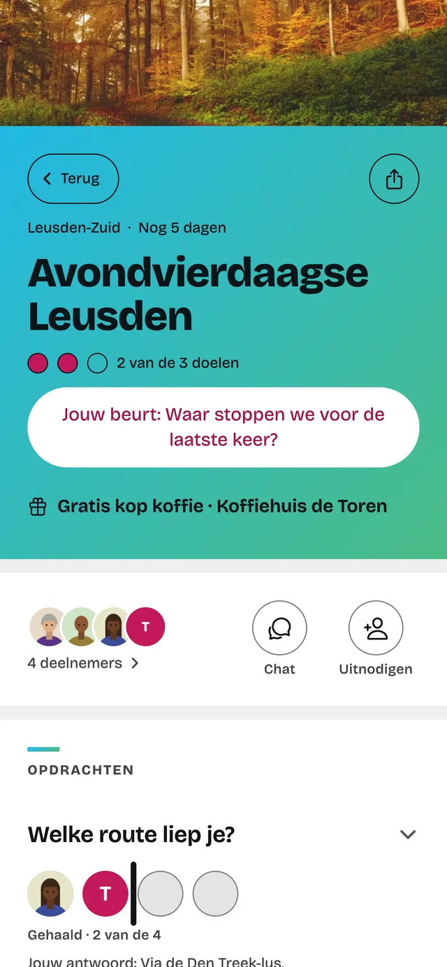 Een challenge in de Peerpep-app: de doelen, wie er aan de beurt is, de beloning en de deelnemers